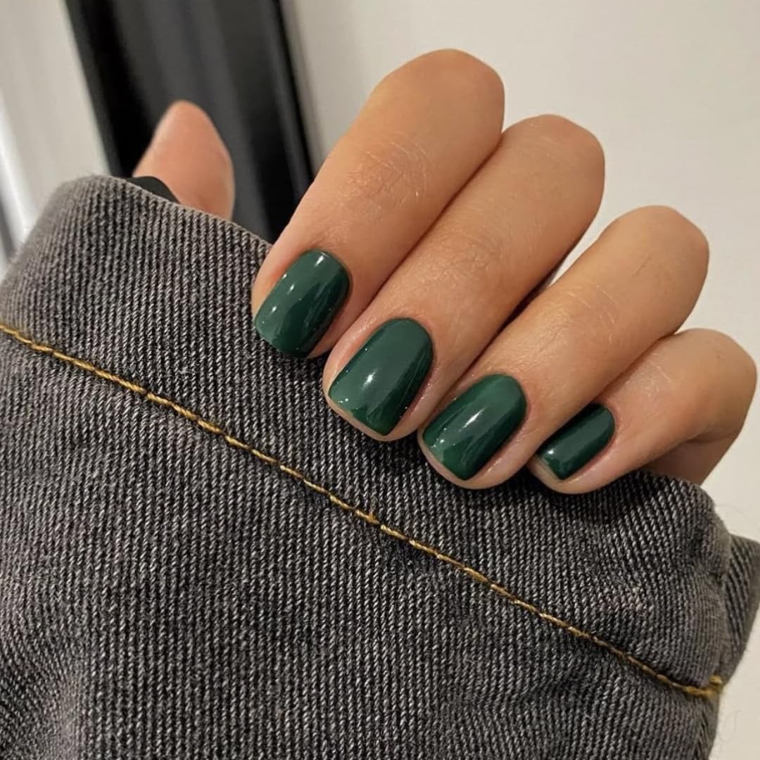 SXVME 48 Pcs Dark Green Press on Nails Short Square Acrylic False Nails Short Coffin Natural Fake Nail Set Elegant Solid Color Full Cover Glossy Gel Stick on Nails for Women Daily Wear - Image 2