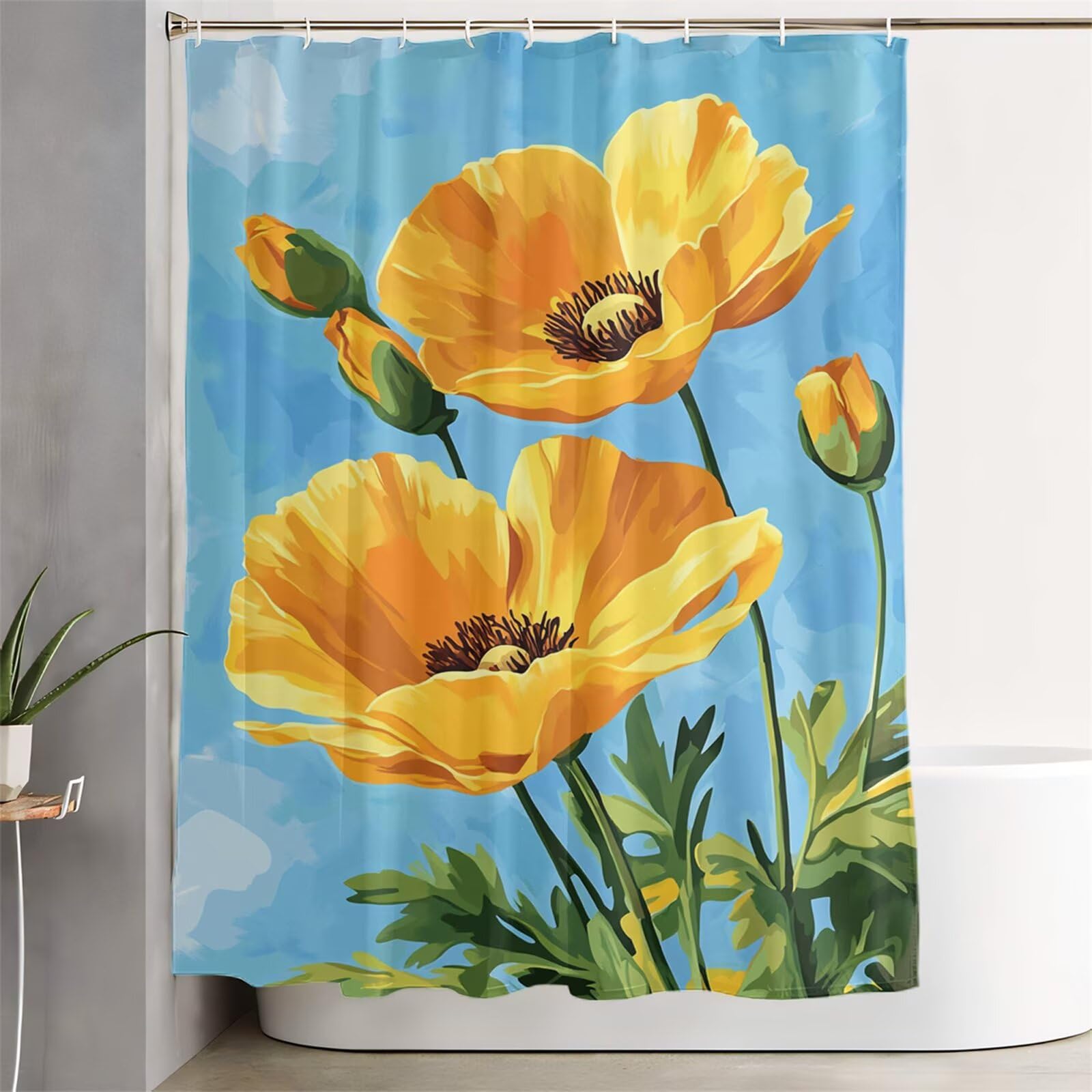 Zasłona prysznicowa z motywem kwiatowym, 240 x 200 cm, żółta, z obciążnikiem i haczykiem, nadaje się do prania, wodoszczelna, odporna na pleśń, tkanina poliestrowa, szybkoschnąca, dekoracyjna zasłona