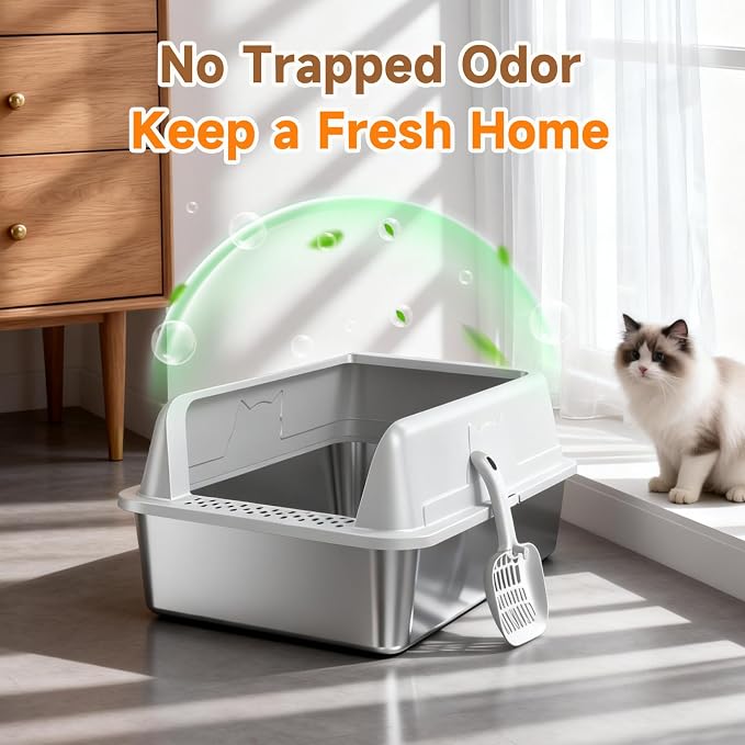 Bandeja higiénica de acero inoxidable para gatos, tamaño XL, diseño alto previene fugas, antiadherente, fácil de limpiar, incluye pala miniatura 3