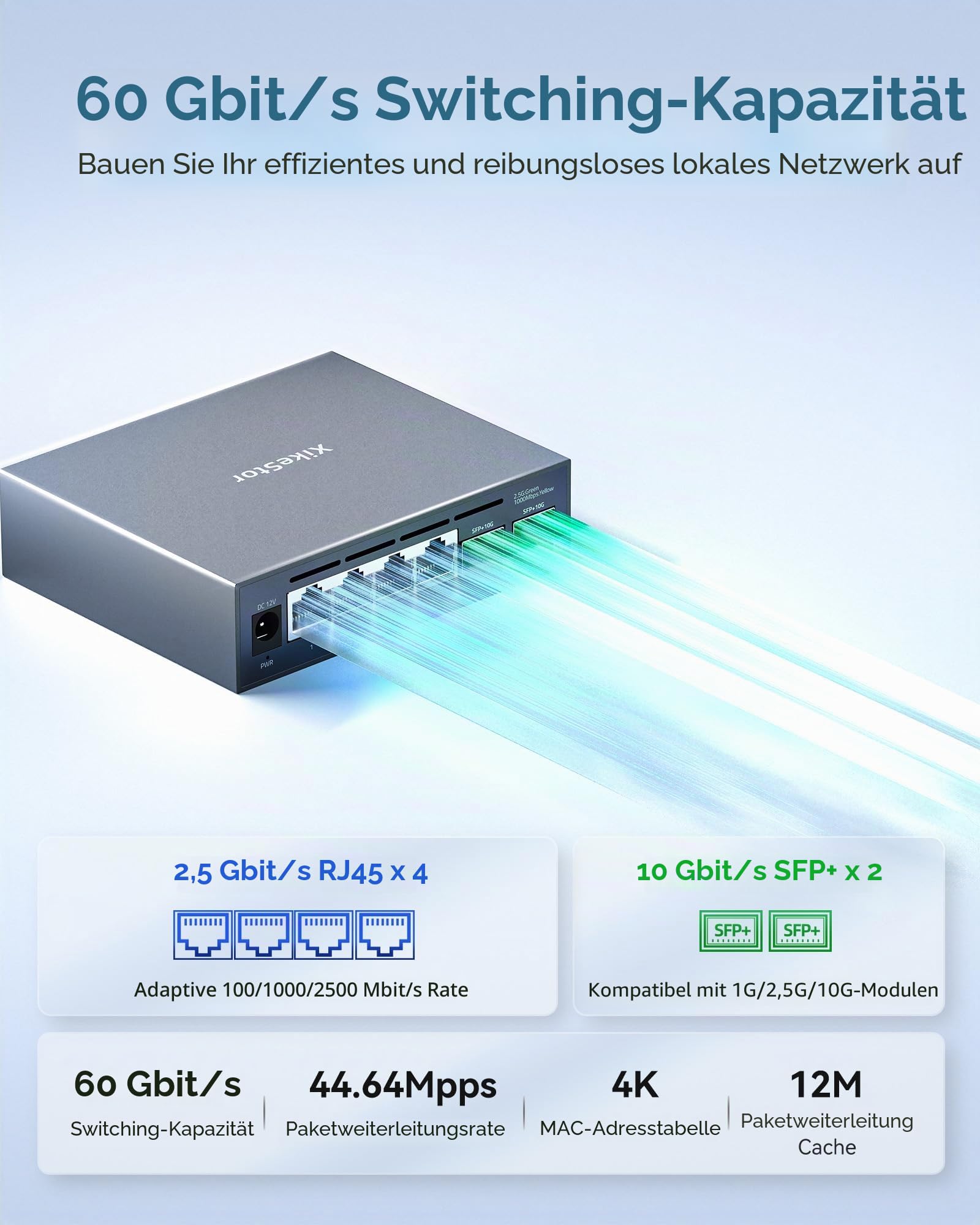 2.5G Switch Web Managed, 4X 2.5G RJ45 + 2X 10G SFP+ LWL Switch | Einfach zu verwalten, volle Funktionen, Web-Managed Switch für Heim & Büro, kompatibel, robustes Metallgehäuse, gute Kühlung.