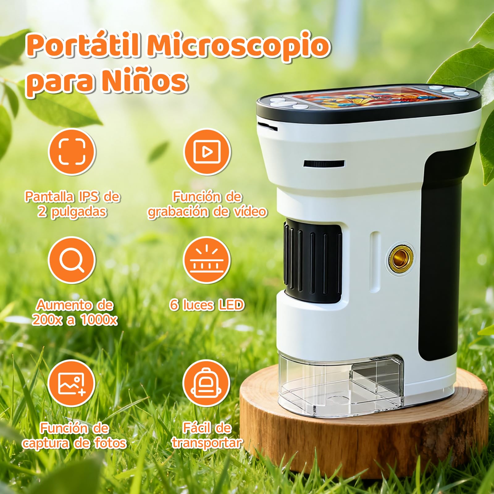 200x-1000x Microscopio para Niños, Pantalla IPS de 2 Pulgadas, con Trípode Mini y Tarjeta Micro SD 16GB, Juguetes Regalo Niños 4-12 Años