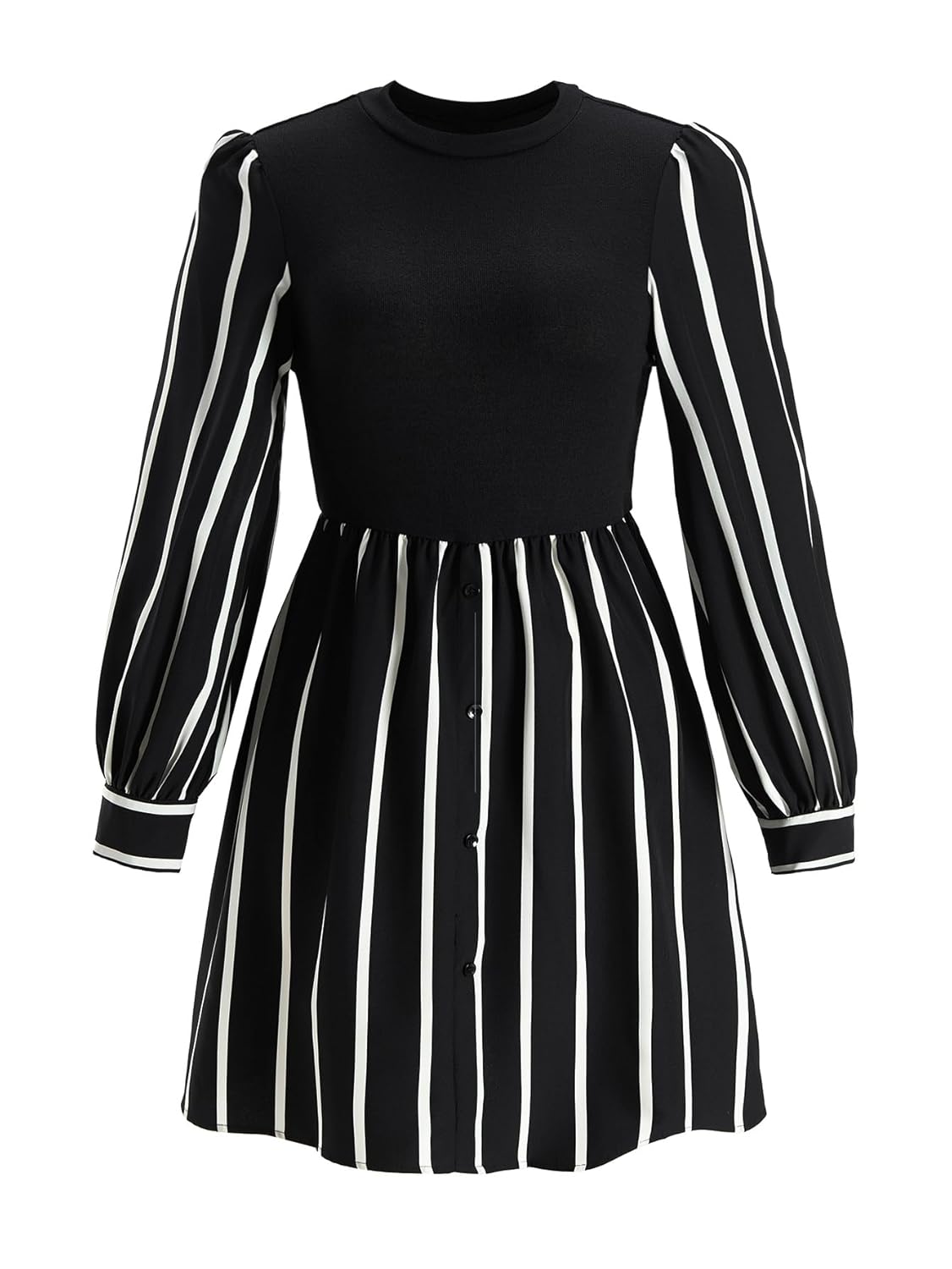 Womens Striped Long Sleeve Dress Elegant Button Crew Neck A Line Fall Work Office Short Dresses