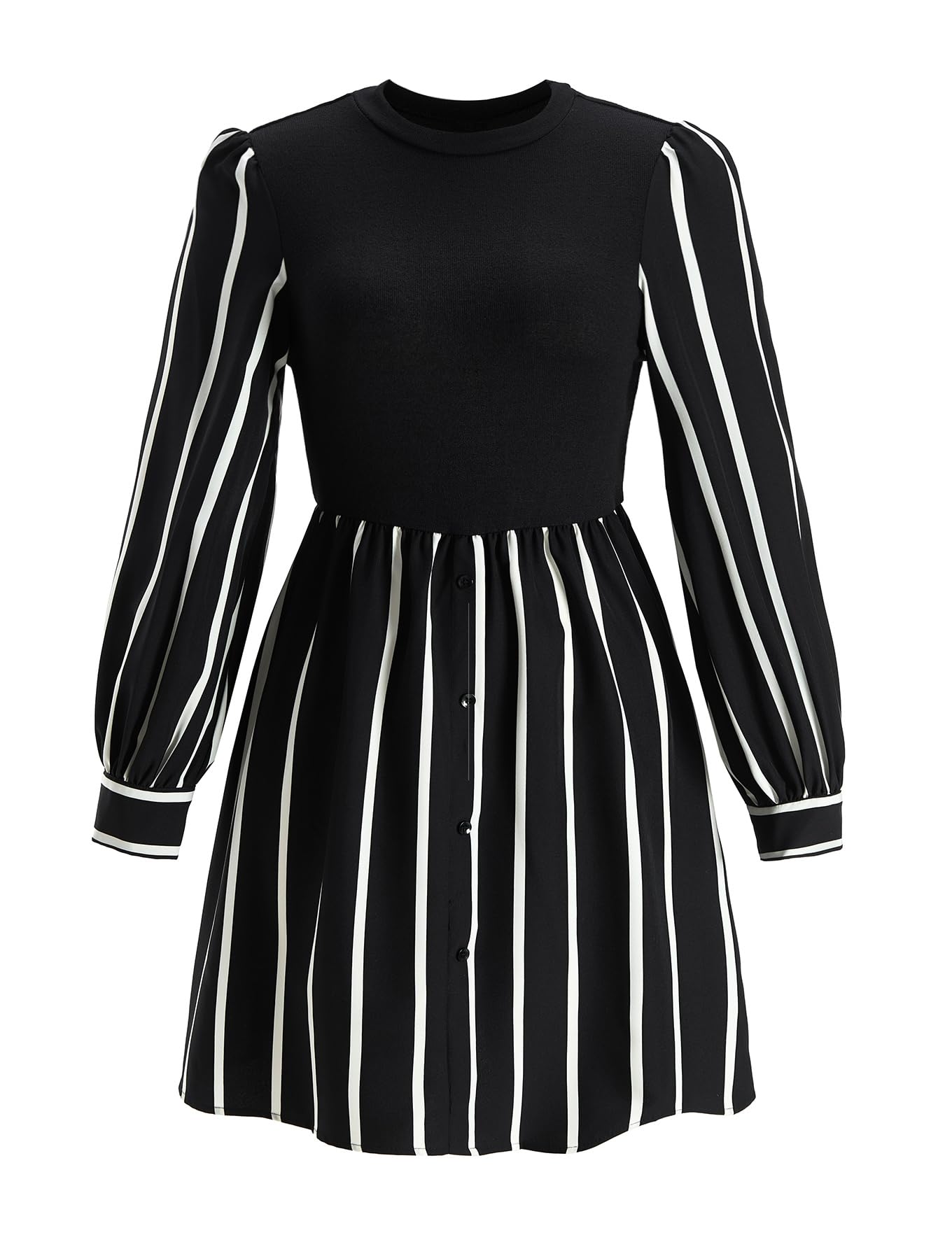 Womens Striped Long Sleeve Dress Elegant Button Crew Neck A Line Fall Work Office Short Dresses