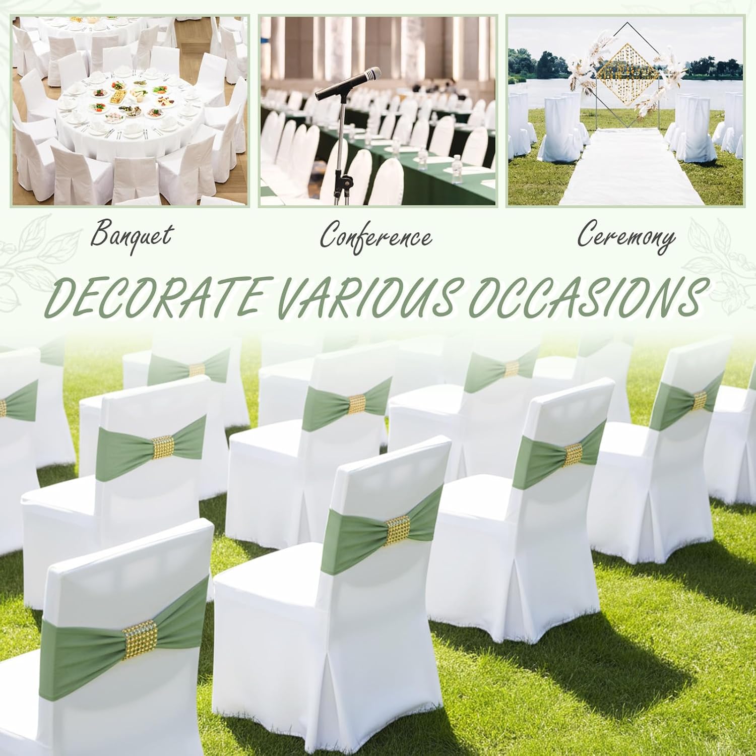 Hahafelt 100 Pcs Spandex Chair Sashes Bows with Rhinestone Ring Buckle Slider Elastic Universal Bowknot Chair Cover Bands Ties for Wedding Banquet Ceremony Event Party Decoration(Sage Green)