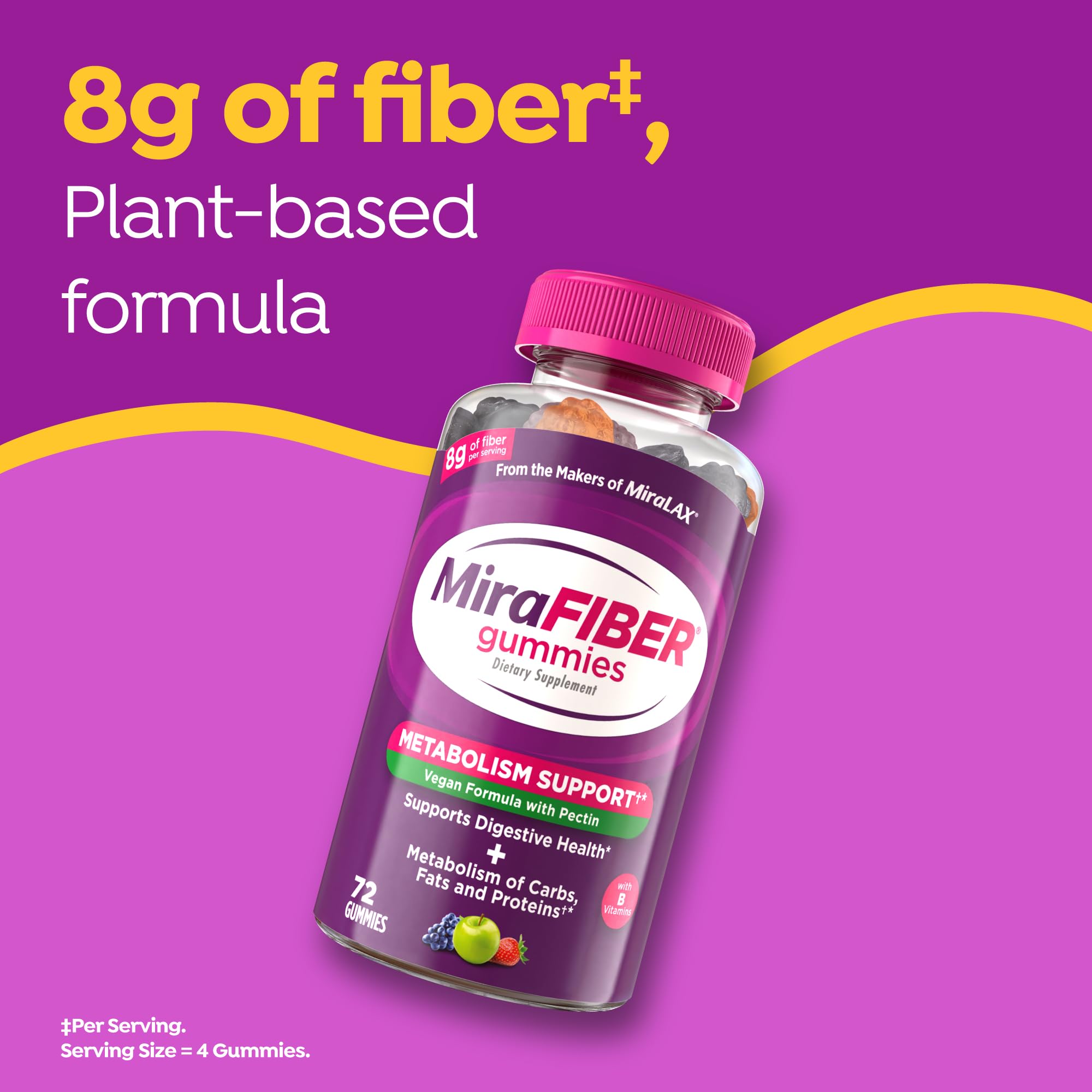 MiraFIBER Gummies, from The Makers of MiraLAX, Vegan Formula, 8g Per Serving, Gut Health for Men & Women, Prebiotic Fiber Gummies for Adults, Mixed Fruit Flavor 72Ct — Amazon image 2
