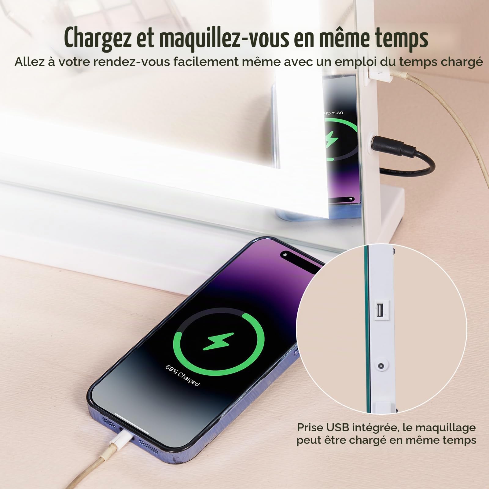 VEVOR Miroir de Maquillage Lumineux, 3 Modes Éclairage de Couleur, Grand Miroir Cosmétique Studio Lumière LED, Miroir Grossissant 5X, Port USB, Contrôle Tactile Intelligent, avec Support, 797x547 mm