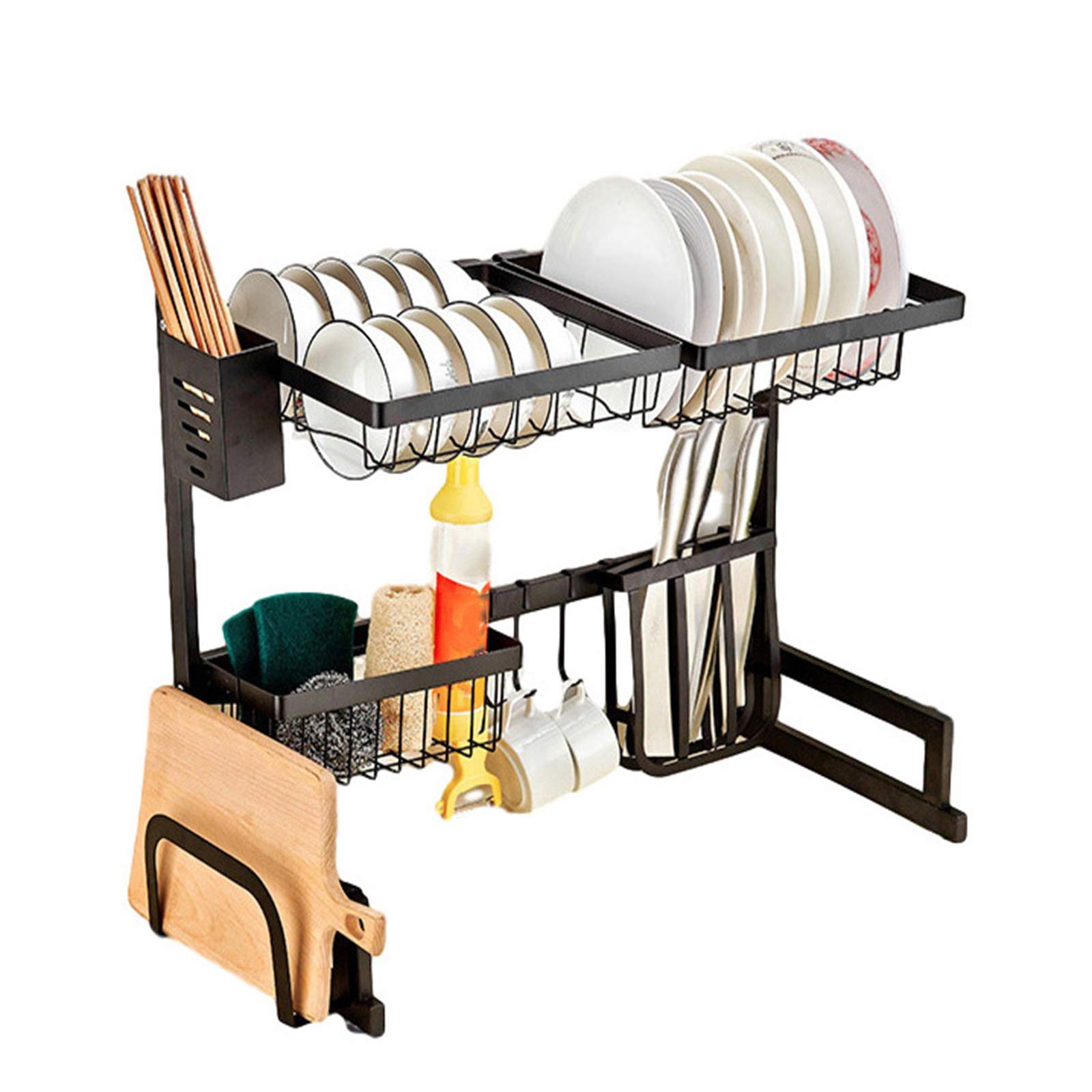 Scolapiatti su 2 Livelli, Sgocciolatoio in Acciaio Compatto & Robusto, Salvaspazio, 65x32x52 Cm, Nero, Inox, 85 X 32 X52 Cm