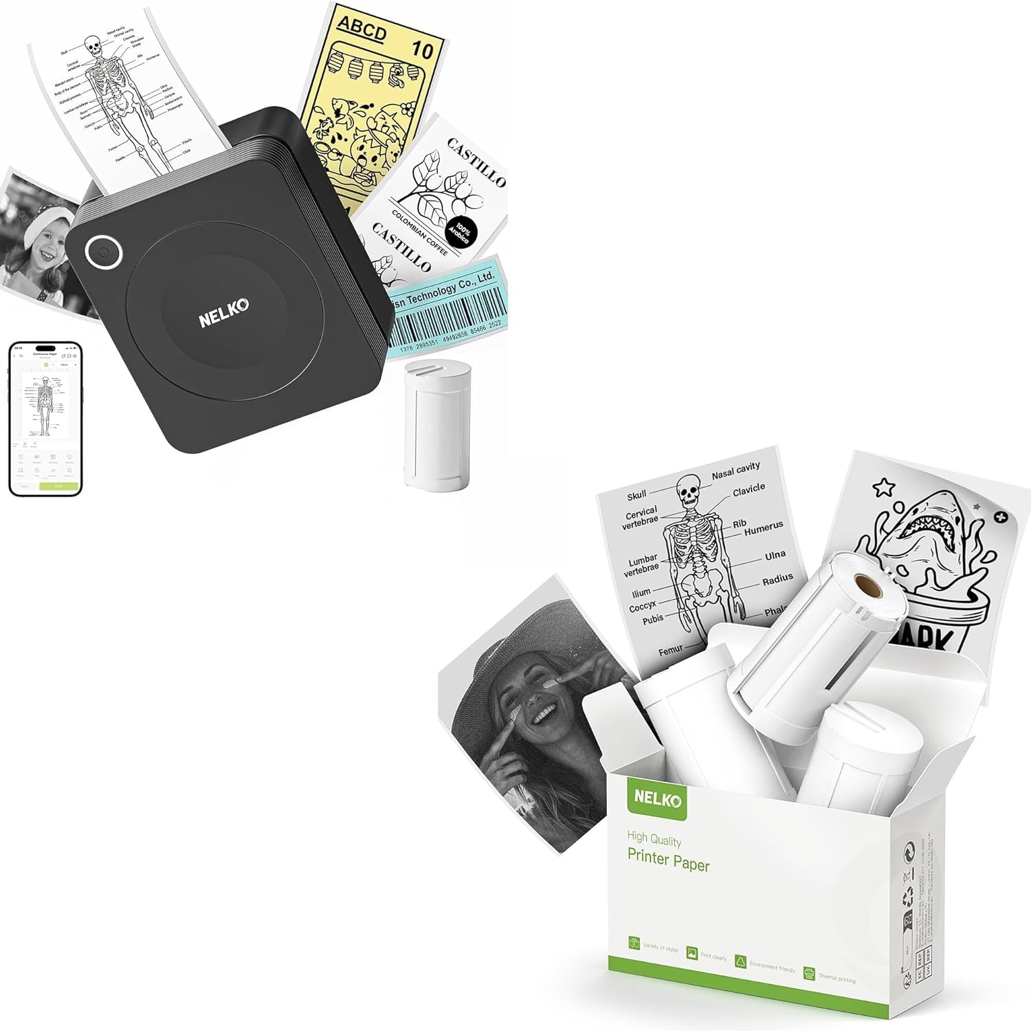 Nelko Black Sticker Printer,1Roll PM230 Mini Printer Bluetooth Portabel Sticker Maker, Mini Printer Paper, PM230 Thermal Printer,Black on White, 54mmx3.5m 3 Rolls, Clear