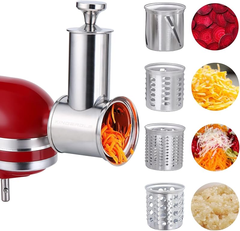 Large Stainless Steel Slicer Shredder Attachment for KitchenAid Mixers | Dishwasher Safe, 304 Stainless Steel Vegetable Cheese Grater Accessories with 4 Cutting Blades by KINGEAGLE