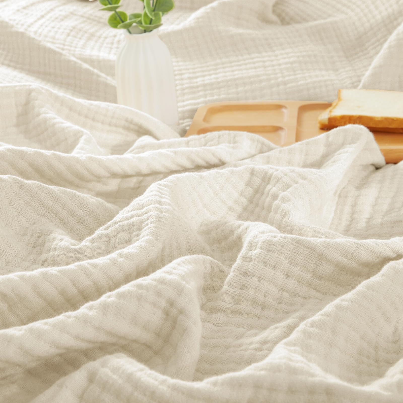 phf 100% cotton muslin throw blanket 50" x 60", 4-layer lightweight gauze throw, breathable cloud-soft minimalist blanket for bed, couch, camping & baby, birch, ideal gift