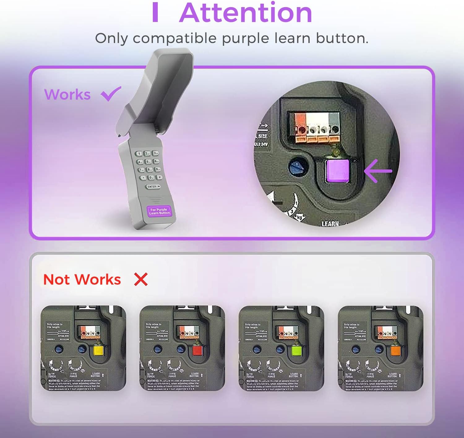 Diagram showing a Refoss keypad and a close-up of a garage door opener with a purple learn button, contrasted with other colored learn buttons that are not compatible.