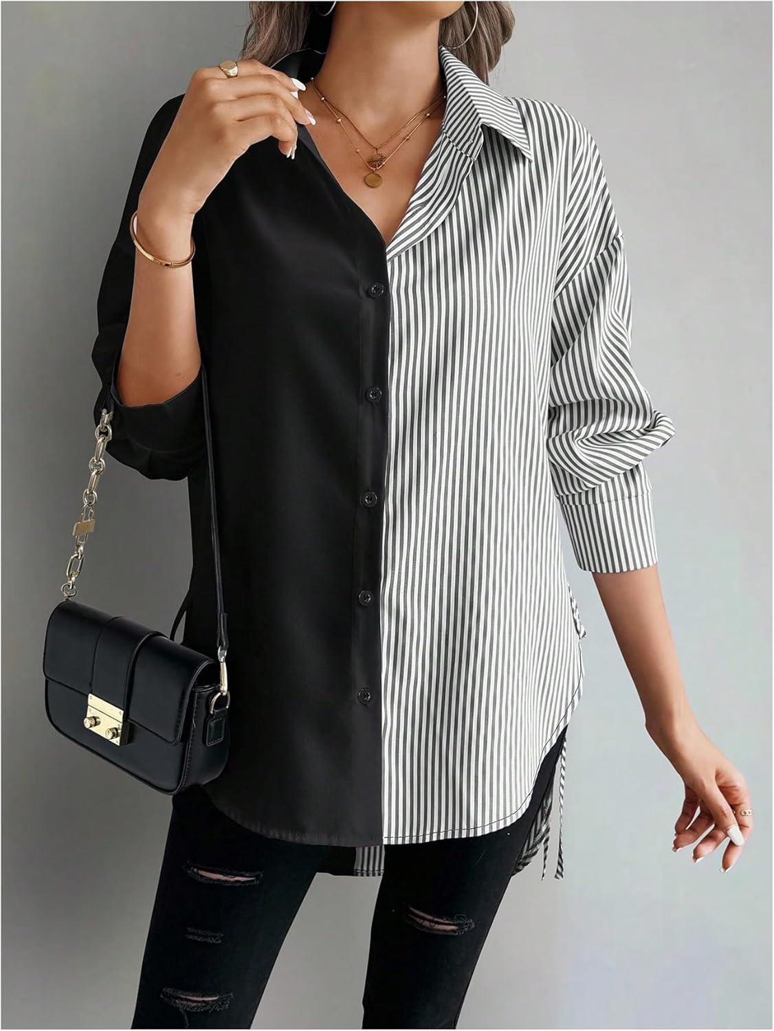 GORGLITTER Women's Oversized Button Down Shirts Striped Long Sleeve Colorblock Tie Side Collared Blouses Business Casual - Image 4