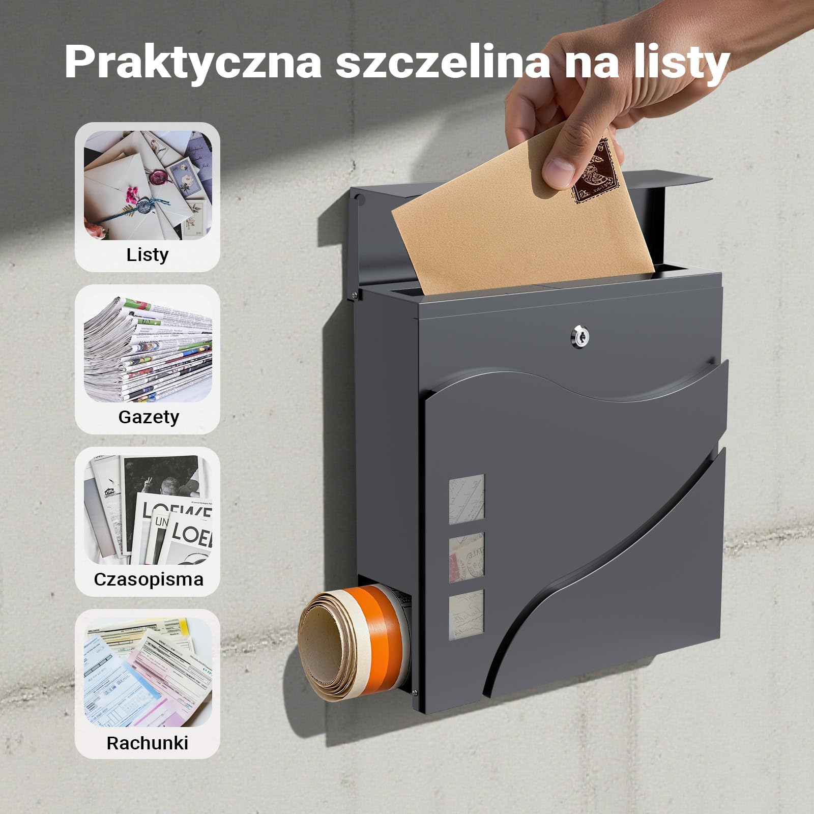 Wiltec Skrzynka na listy antracytowa V28, stalowa z ukrytym zamkiem i wizjerem, skrzynka pocztowa do montażu na ścianie i stojaku z miejscem na gazety