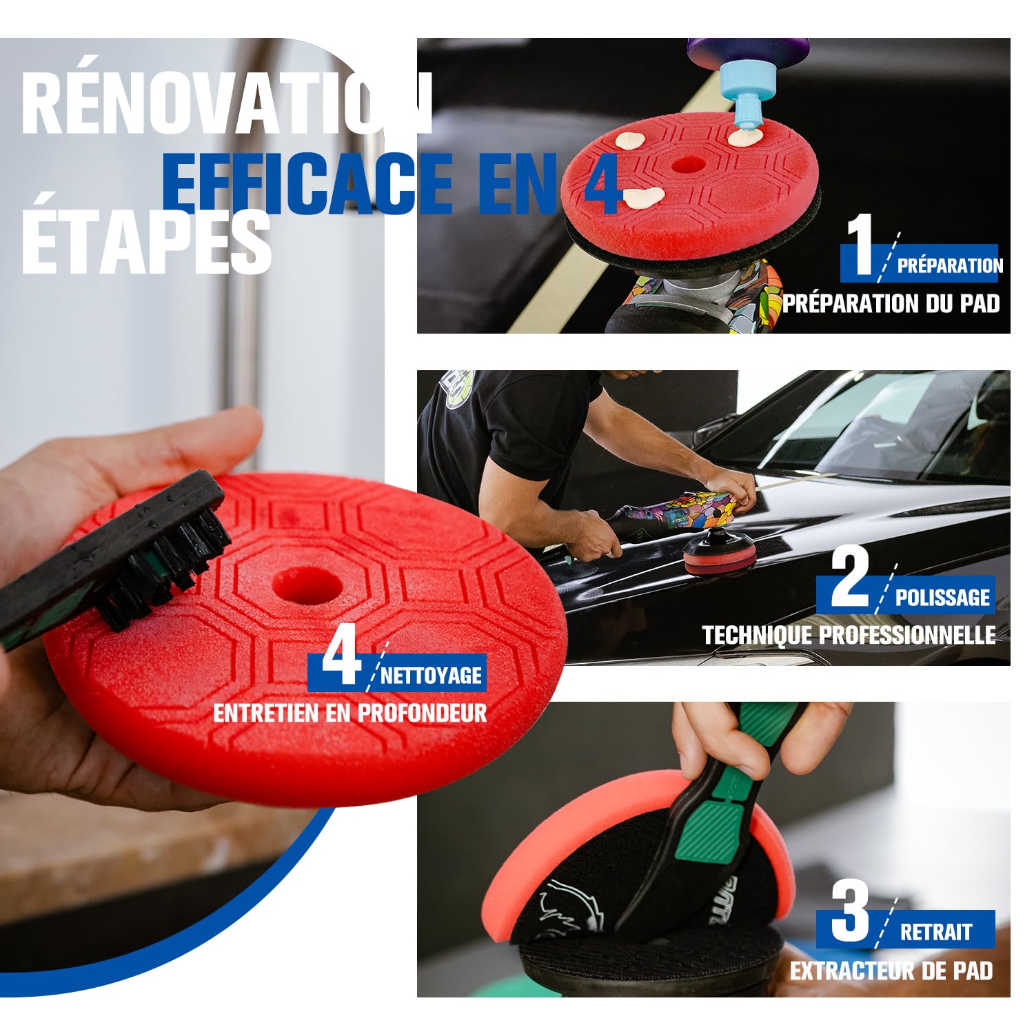 BATOCA P2 Kit Polisseuse 1000W Haut Couple, Lustreuse Rotative 150mm Heavy-Duty Correction Peinture Profonde, Clip de Câble & Outil Pad 3-en-1, Câble Amovible 5m, 1000-3800tr/min, Bateau, Camping-Car