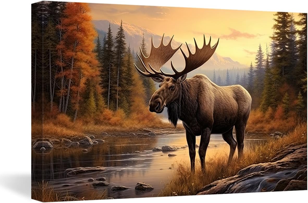 DOARTDO Moose Canvas Wall Art Wildlife Pictures Wall Decor Animal Print Painting Wilderness Forest Mountains Artwork Decor Frame (16.00" x 24.00", Moose - 3)