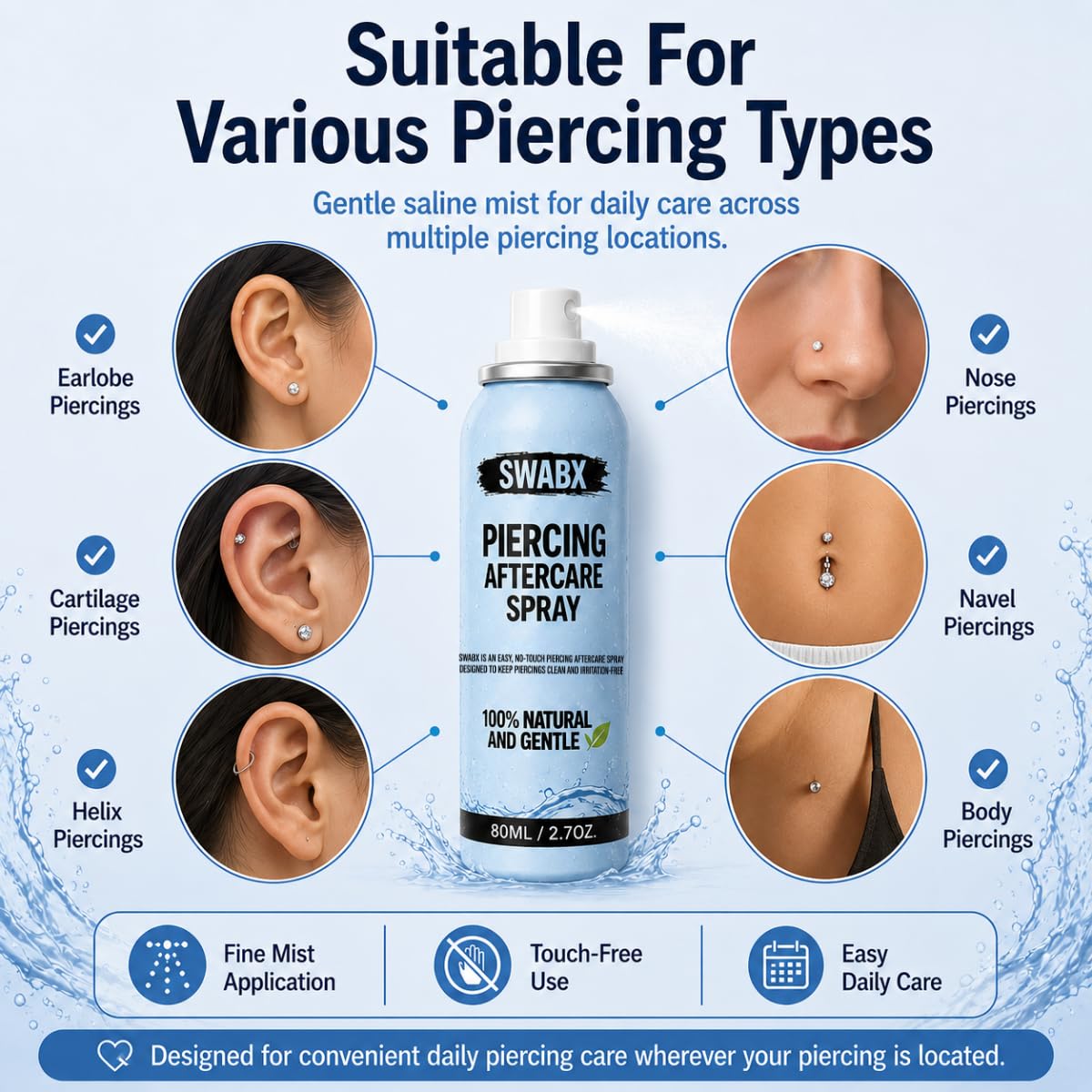 Piercing Aftercare Saline Spray 80ml – Fine Mist Sea Salt Spray for Ear, Nose & Body Piercings – Gentle Daily Care