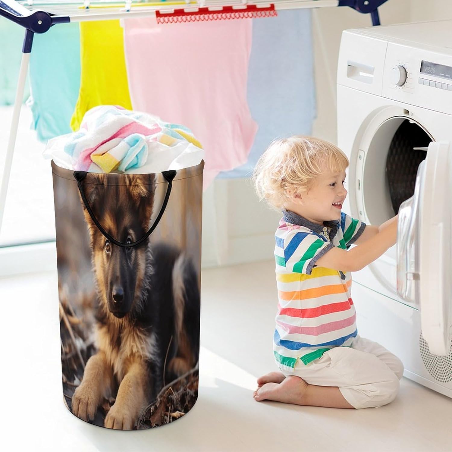 German Shepherd Puppy Laundry Hamper Large Collapsible Laundry Baskets Clothes Storage Basket with Both Sides Handles Narrow Waterproof Clothes Hampers for Bedroom Travel