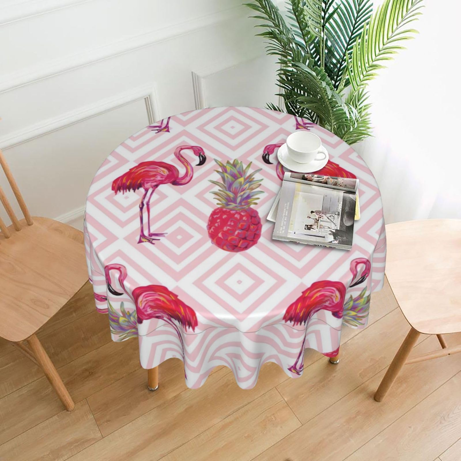 YYHHAOFA Pink Flamingo Pineapple Prints 60in Round Decorative Tablecloth – High-Grade Polyester Throw Cover for Dining, Parties, and Outdoor Events