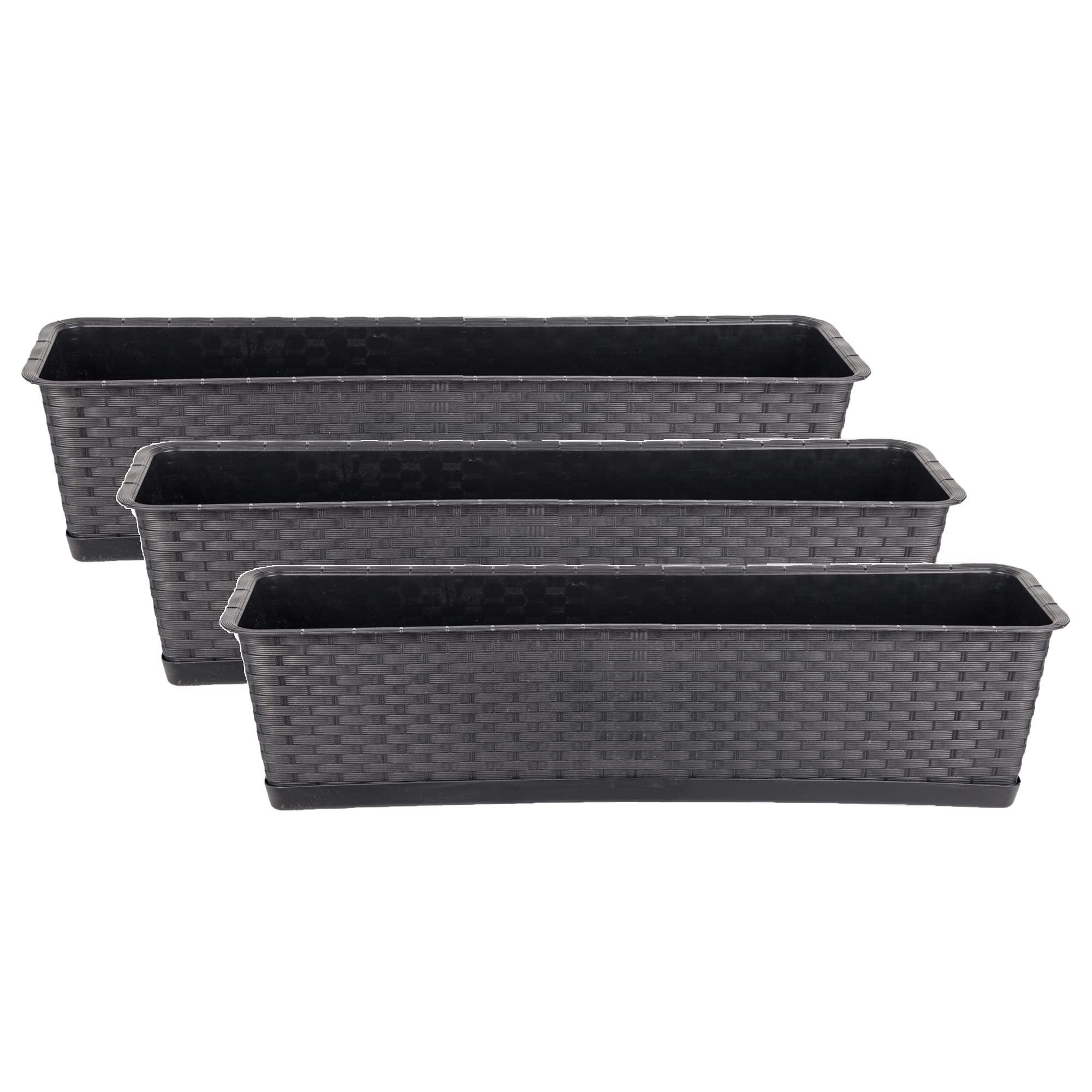 BigDean Blumentopf 3er Set Blumenkasten mit Untersetzer - 70 cm, Rattan-Optik, anthrazit
