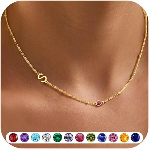 M MOOHAM Birthstone Initial Necklaces for Women Gifts, Letter S Necklace