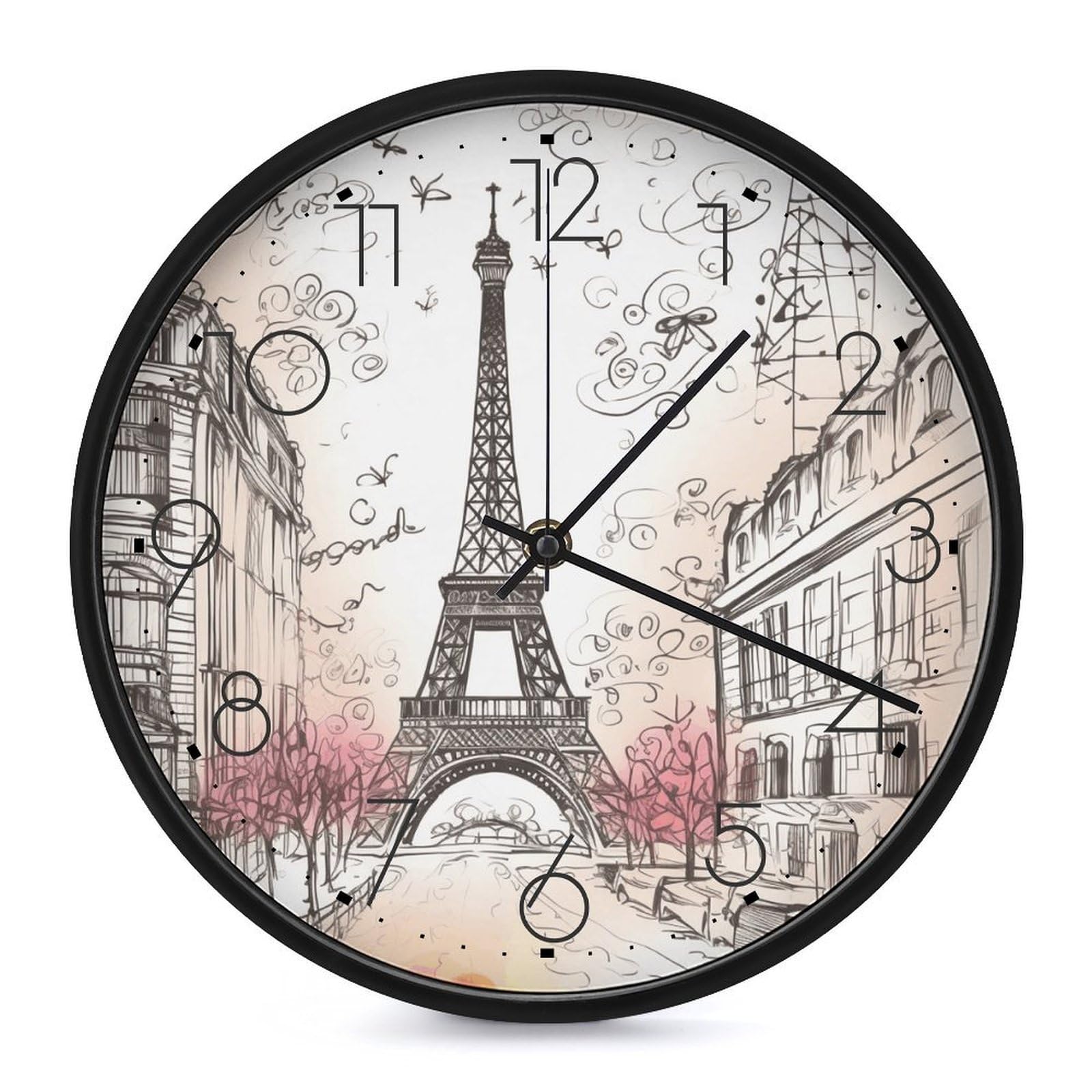 VstaDank French Paris Tour Eiffel Tower Wall Clock Battery Operated Silent Non Ticking 10 Inch Decorative Round Wall Clock Modern Fashion Classic Clock for Home Living Room Kitchen Bedroom Office