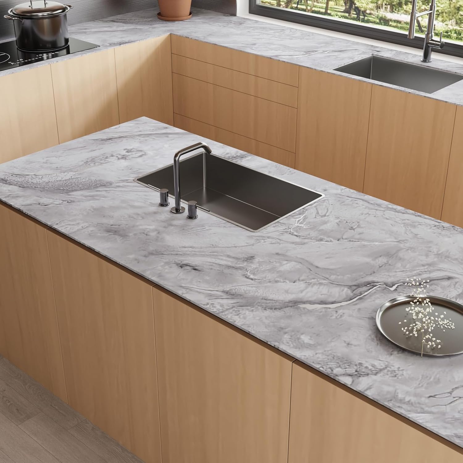 CRE8TIVE Thick Silver Grey Marble Peel and Stick Wallpaper for Kitchen Countertop Contact Paper Waterproof Vinyl 12"x354" Self Adhesive Liquid Marble Contact Paper for Walls Cabinets Counter Top Cover