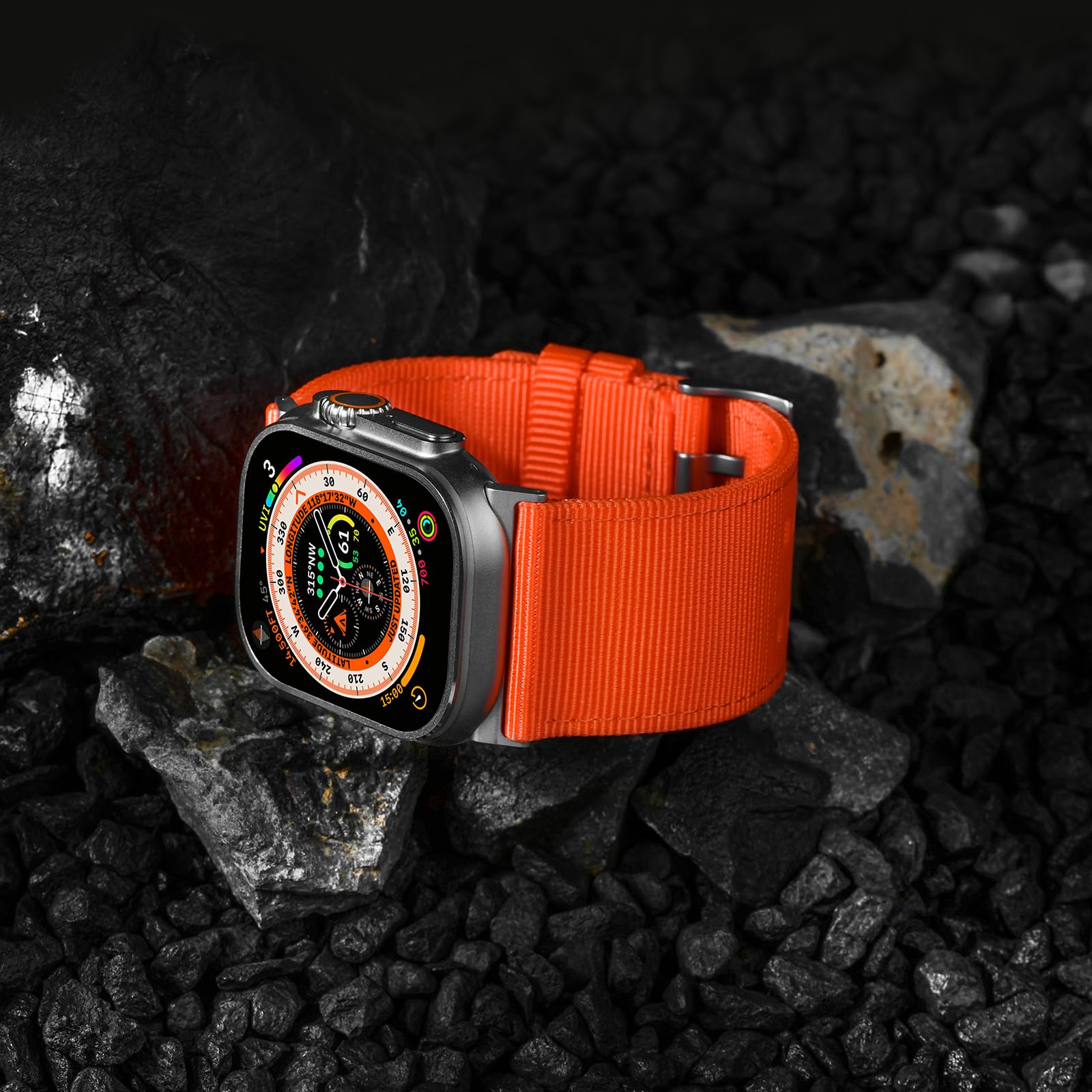 Tefeca Dual Series Bracelet de montre de rechange compatible avec Apple Watch/Apple Watch Ultra (nylon orange avec adaptateurs argentés)