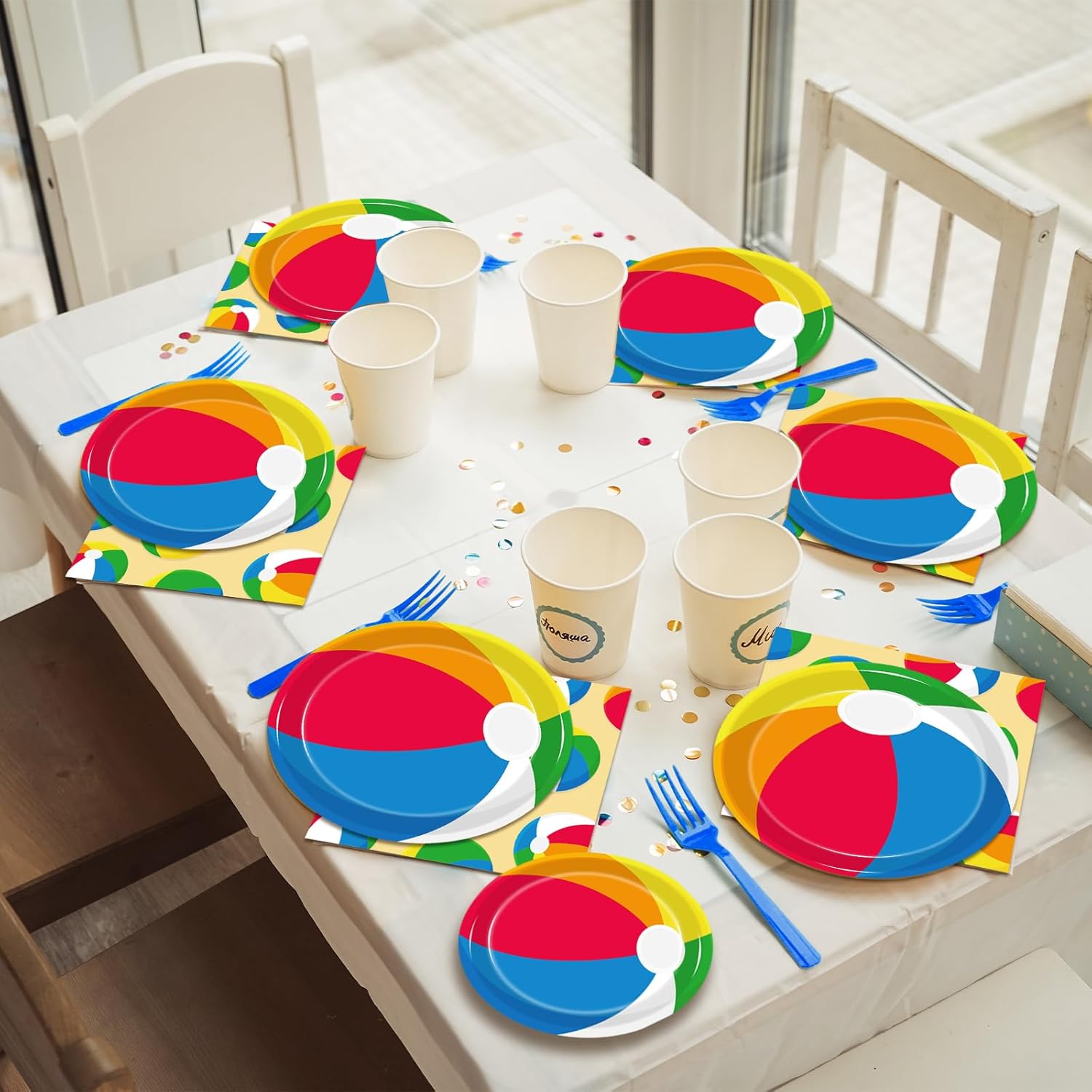 Kepeel 200Pcs Summer Pool Beach Party Tableware Set, Beach Pool Ball Party Decorations Supplies for Kids Boys Girls Summer Hawaiian Party Disposable Dessert Plates Napkins Forks Favors, Serve 50