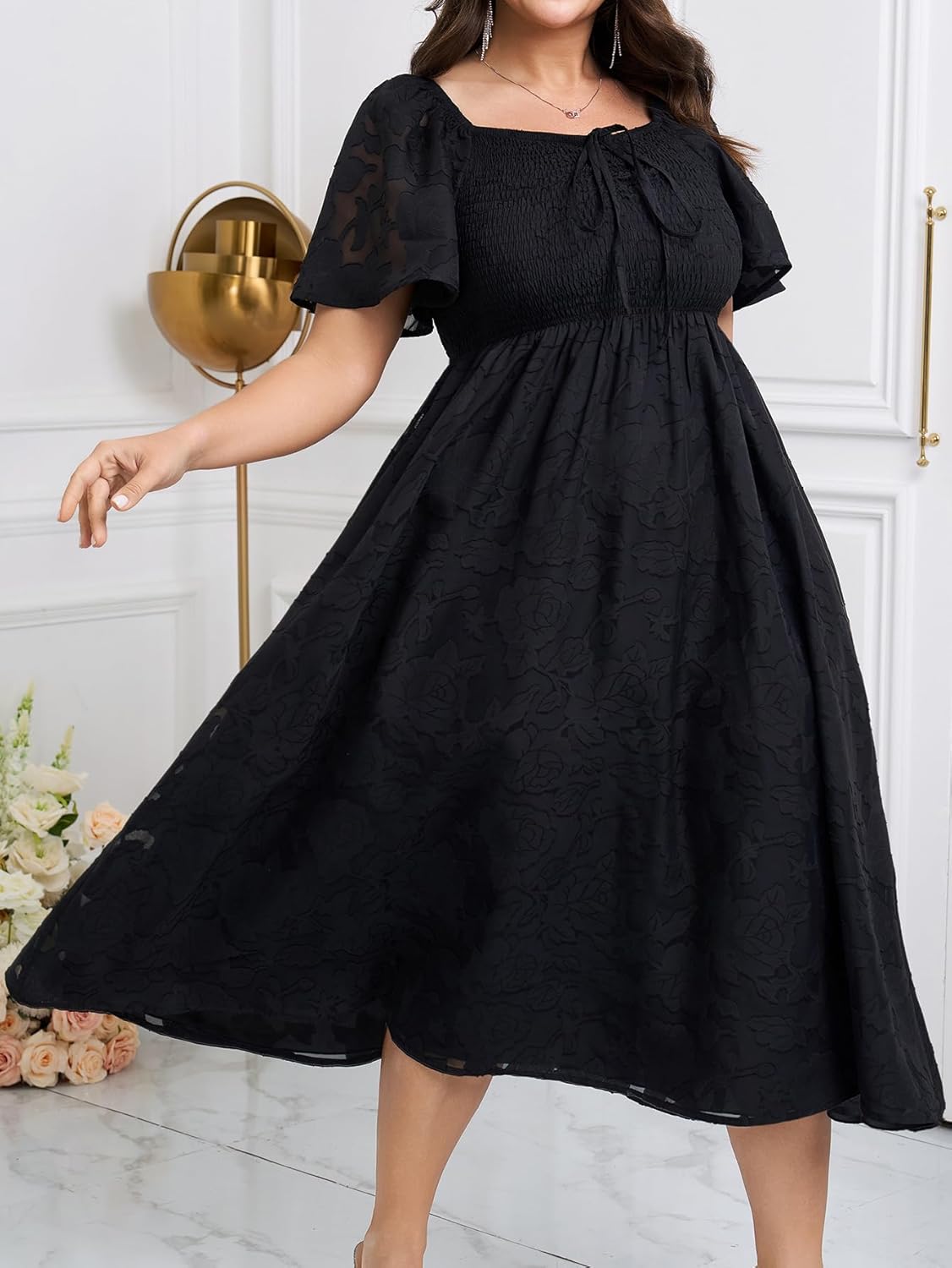 SCOMCHIC Women's Plus Size Formal Dresses Square Neck Short Sleeve Lace Floral Smocked Flowy Long Maxi Wedding Guest Dress - Image 6