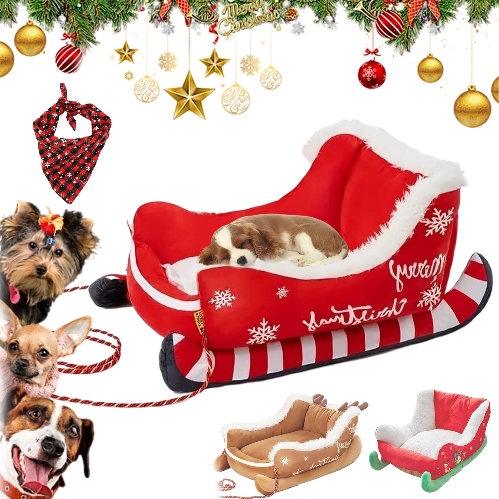 Christmas Sleigh Dog Bed, Christmas Cat Bed, With Non-Slip Base, Washable Christmas Dog Bed,Festive Plush Cosy Bed, Soft Plush Pet Bed, For Pets To Sleep Peacefully In Winter (1PC-C,80*55*38CM)