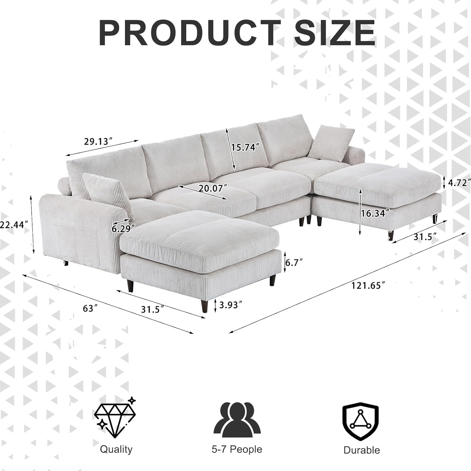 Ball & Cast 121.65“ Oversized Modular Sectional Sofa with Two Movable Ottomans, 4 Seat Modern Corduroy Sofa Set, Convertible U Shaped Couch with Side Pockets for Living Room and Office, White