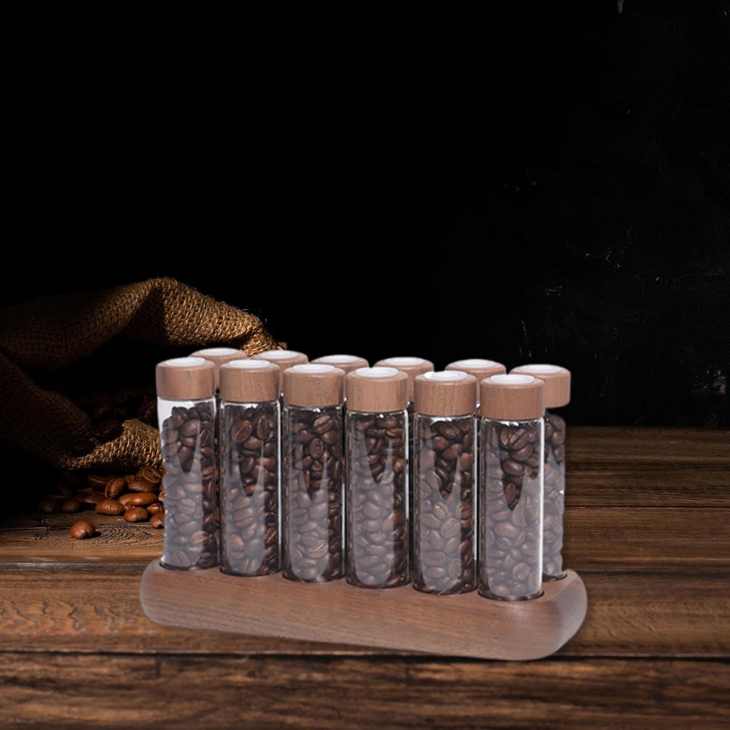 12 Coffee Bean Storage Tubes with Wooden Stand and Airtight Glass Lid for Organizing Supplies for, 12 Long