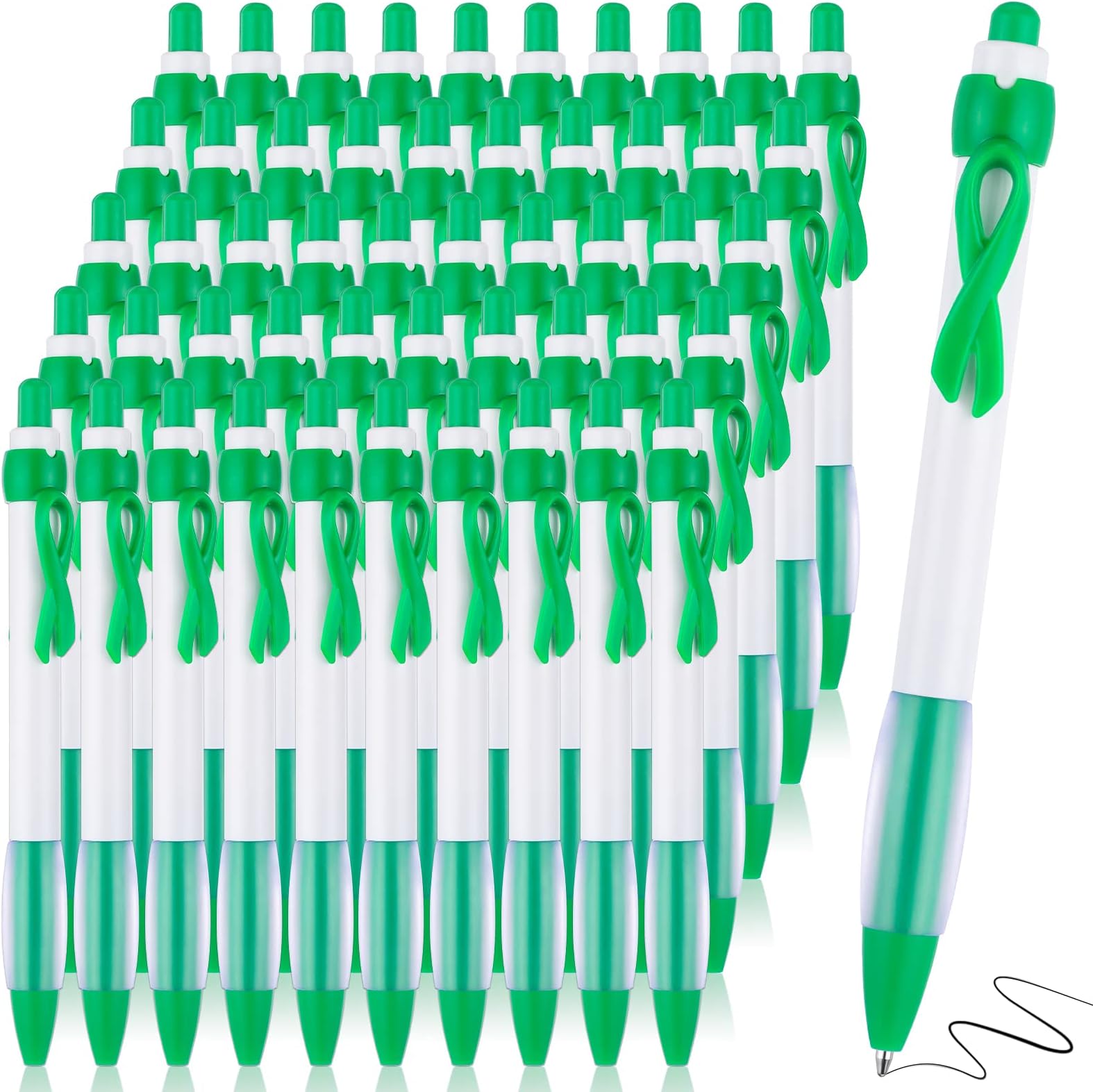 Yexiya 100 Pcs Mental Health Awareness Ballpoint Pen Bulk Suicide Prevention Green Ribbon Retractable Gel Pens Items Liver Cancer Kidney Disease Individual Packed Charity Volunteer Activity Supply