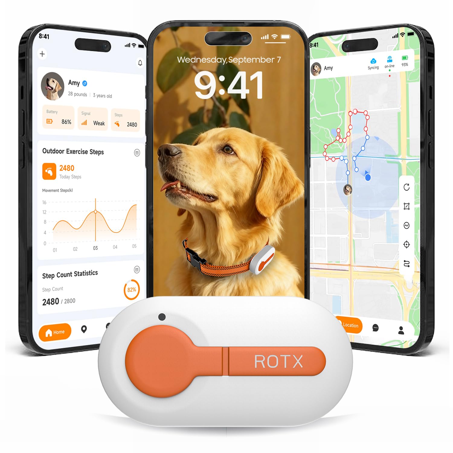 ROTX Dog GPS Tracker Real-time Tracker Alerts Virtual Fence Location for Pet Over 11.06lbs Dog Cat Collar Attachment of Random Color Subscription Required Waterproof IP67 Health & Wellness White