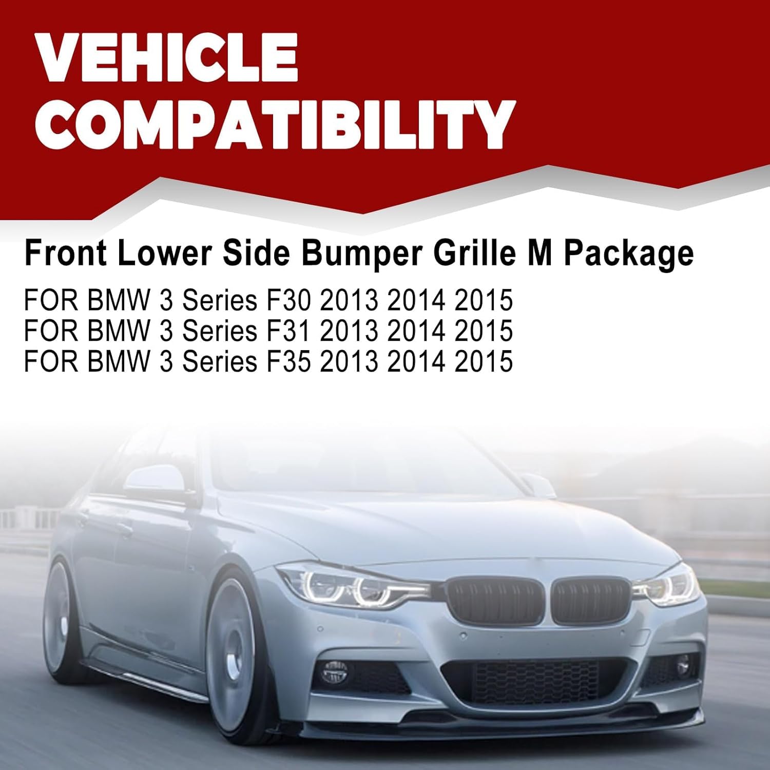 3Pcs Front Bumper Lower Grille Left & Right & Center Compatible with BMW 3 Series F30 F31 F35 2013 2014 2015 Replace# 51118068124, 51118054156, 51118054155