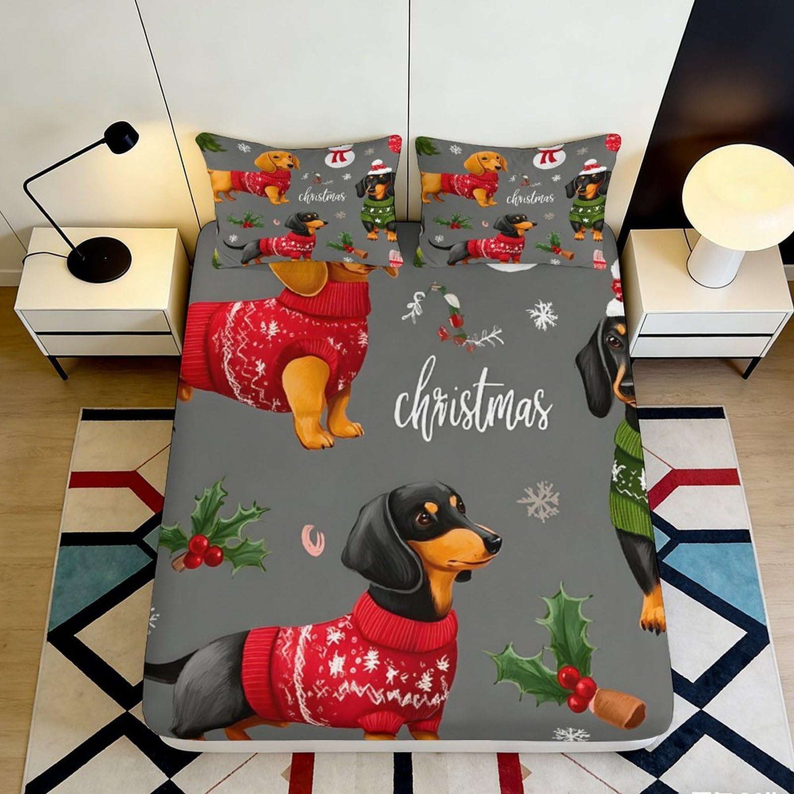 3D Printed Christmas Dachshund Fitted Sheet Microfiber Anti-Slip Grey Dog Bed Cover Machine Wash Bedroom Decor 90x200x25cm