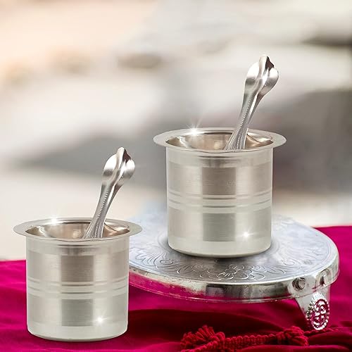 Vista 5 de Shubhkart Panchapathram Udharini tradicional indio chapado en plata con Achmani para Puja y ocasiones religiosas (paquete de 2)