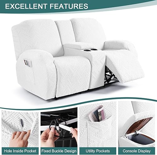 Miniatura 5 de Ruaozz Fundas elásticas para sofá biplaza reclinable con consola, fundas para sofá reclinable de 4 piezas con bolsillos, fundas de sofá reclinable