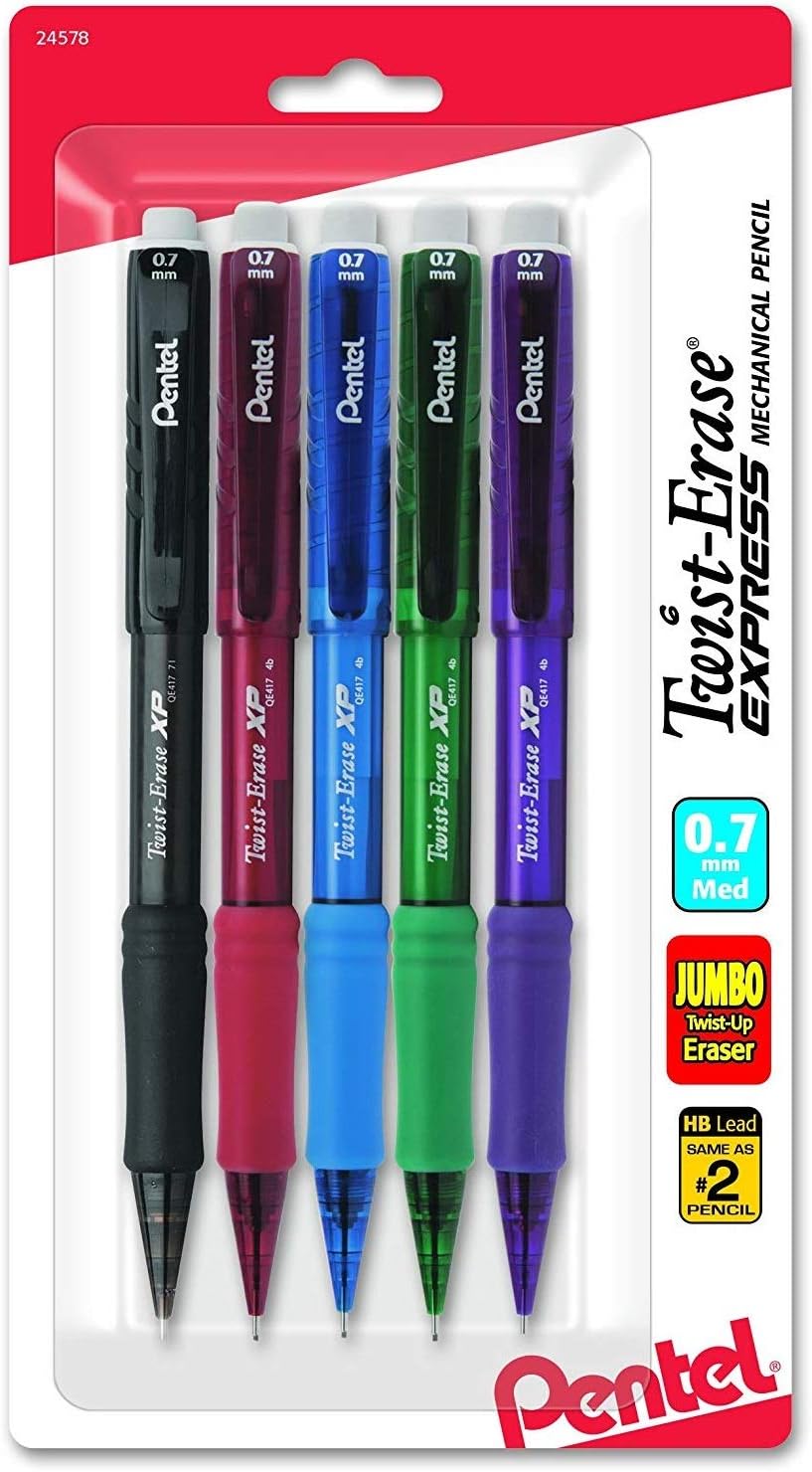 Twist-Erase Express Mechanical Pencil, (0.7mm), Medium Line, Assorted Fashion Colors, Pack of 5 (QE417FBP5M)