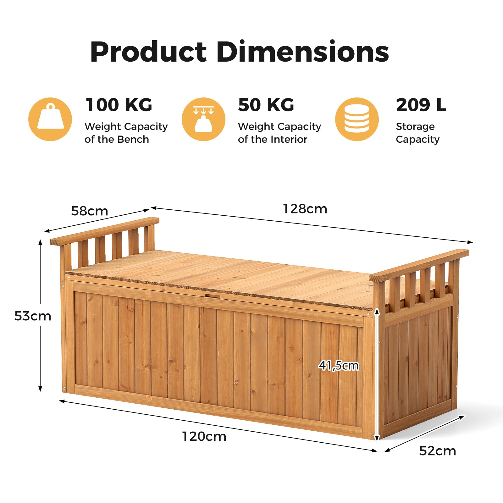 HOMASIS Cassapanca da Esterno Impermeabile 209L, Baule da Esterno in Legno con Coperchio e Braccioli, Panca Contenitore Resistente alle Intemperie per Balcone, Terrazzo, 128 x 58 x 53 cm (Naturale)