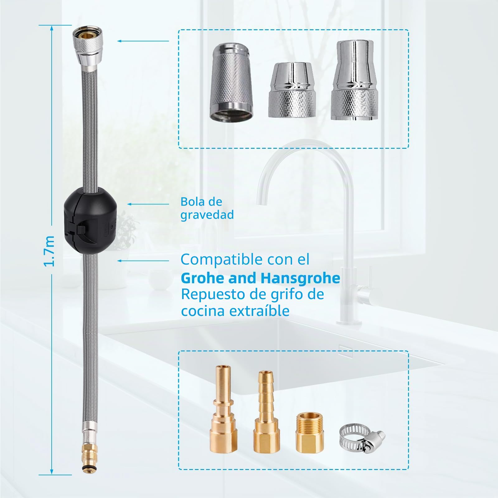 Hibbent Manguera de grifo extraíble de repuesto compatible con grifos de cocina Hansgrohe/Grohe con 6 adaptadores, estándar 88624000/46174000/46092000 modelo de repuesto de manguera, 59 pulgadas, con