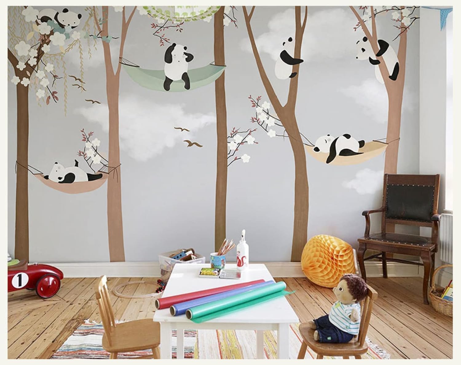 Papier peint chambre de garçon pandas autocollant mural 3D peel and stick