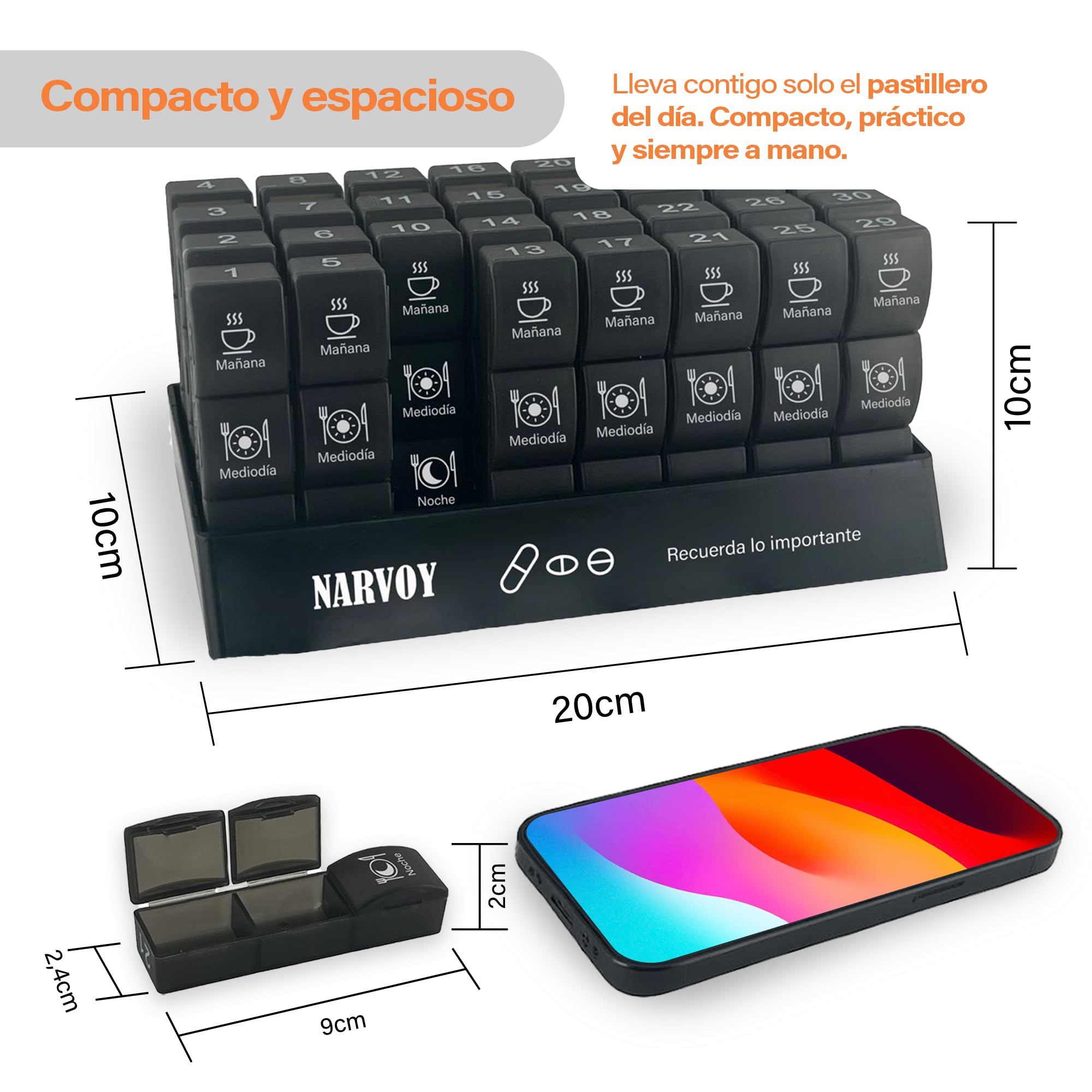 Pastillero Mensual 3 Tomas Español, Pastillero para 31 días 3 veces al día, Organizador Medicamentos 3 compartimentos, Pastillero Semanal 3 tomas mañana-mediodía-noche, Pastillero Viaje para Vitaminas