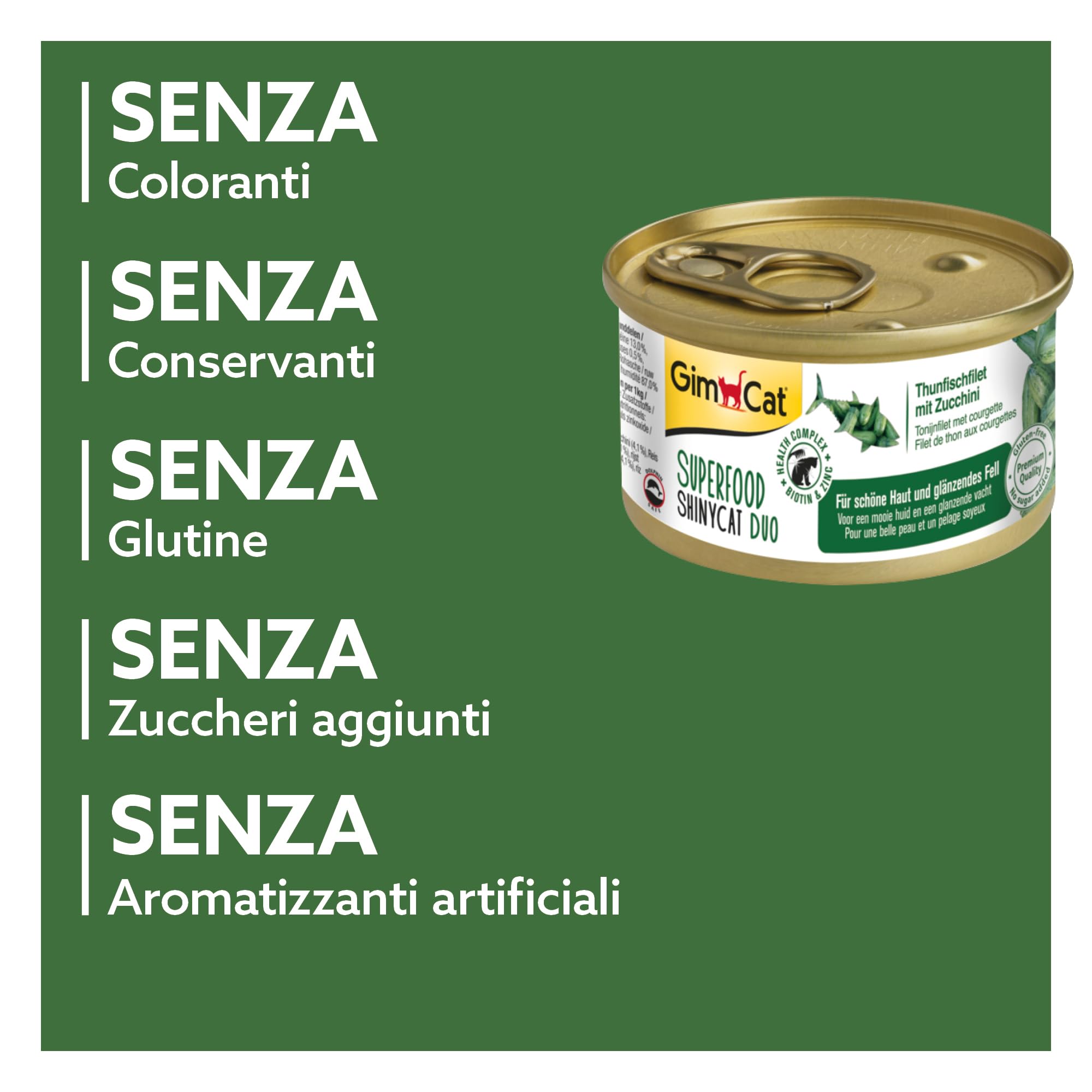 GimCat Superfood ShinyCat Duo Tonno con zucchine, Mangime per gatti con filetto succulento senza aggiunta di zuccheri per gatti adulti, 24 scatolette, 24 x 70 g