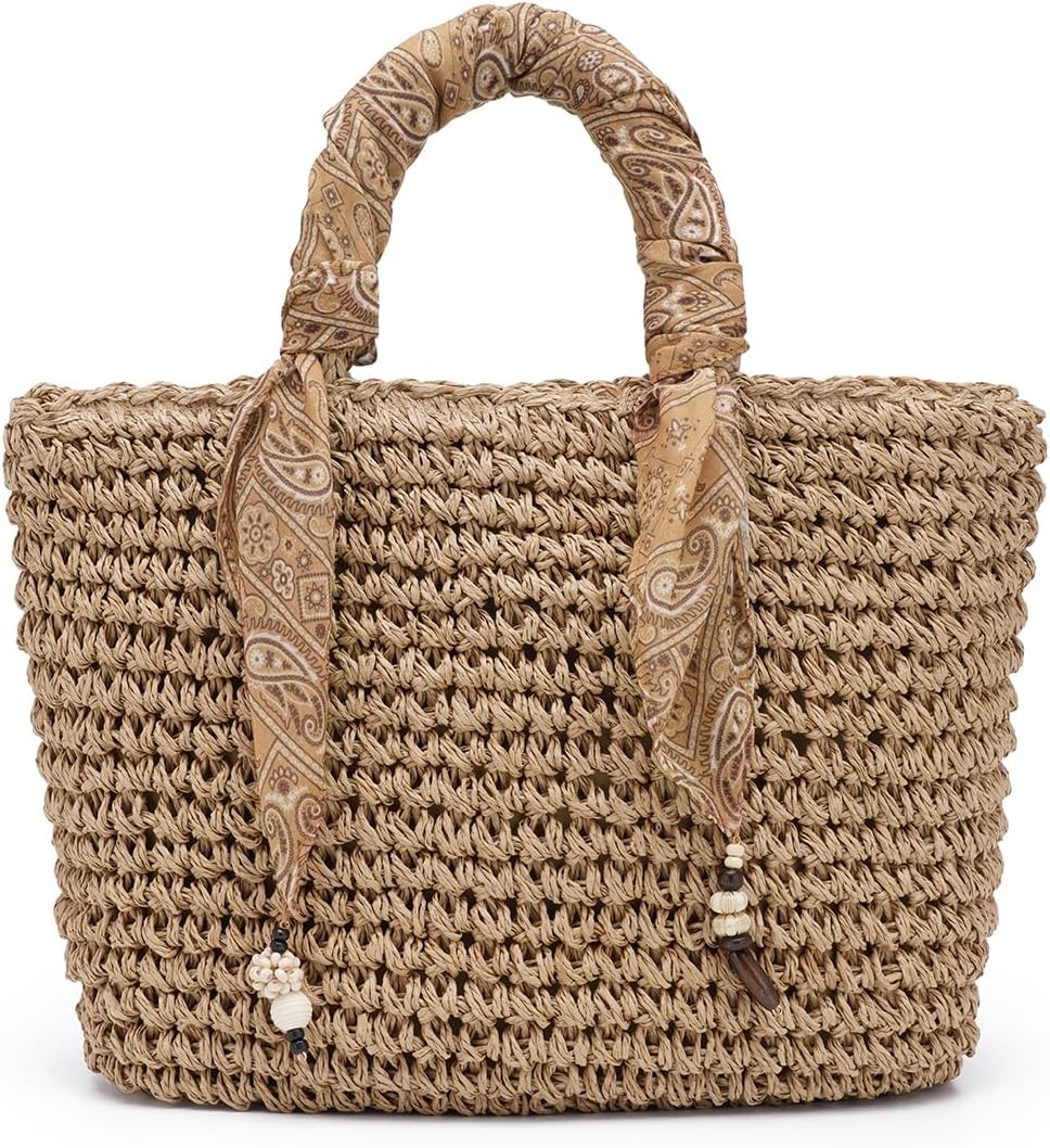 Straw Tote Bag for Women, Woven Summer Beach Bag with Leather Trim & Double Straps, Handmade Mesh Boho Shoulder Bag