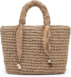 Straw Tote Bag for Women, Woven Summer Beach Bag with Leather Trim & Double Straps, Handmade Mesh Boho Shoulder Bag