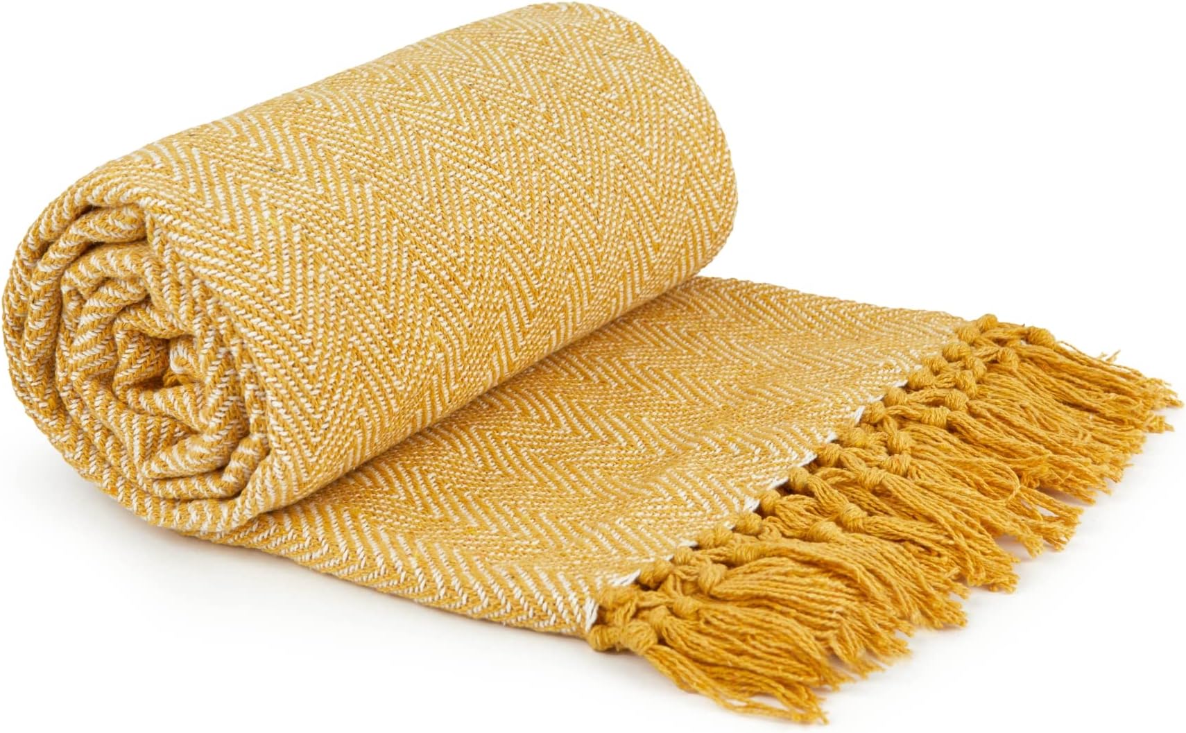 Emma Barclay Herringbone - Recycled Cotton Patterned Chair Sofa Setee Bed Throw Over Blanket in Ochre Yellow - 50x60 (127x152cm)