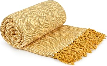 Emma Barclay Herringbone - Recycled Cotton Patterned Chair Sofa Setee Bed Throw Over Blanket in Ochre Yellow - 70x100 (178x254cm)