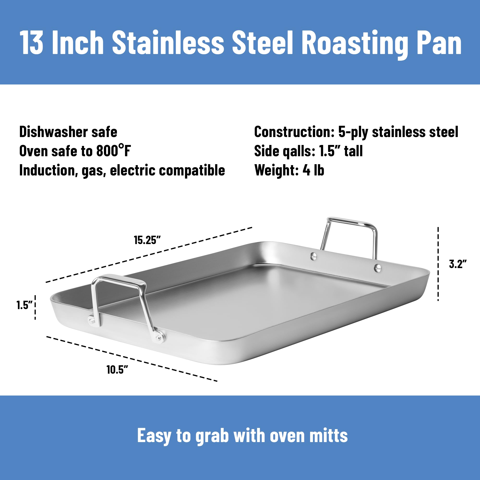 Misen Sartén de acero inoxidable con asas, diseño versátil de 5 capas, asas de fácil agarre, cocina multifuncional, ideal para hornear, asar y asar, conducción superior del calor, premium, 13 pulgadas