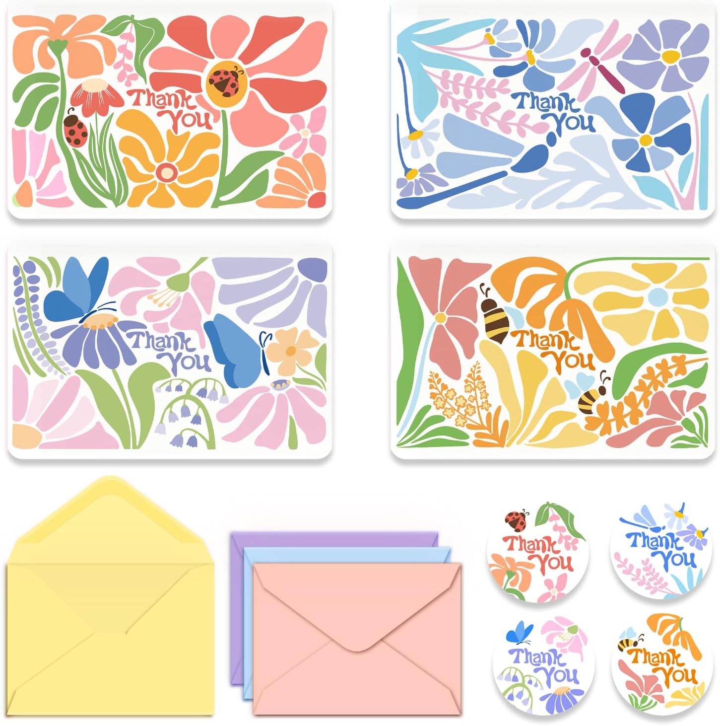 Thank You Cards with Envelopes Set of 20 - 4x6 Inches Matisse Inspired Floral Thank You Cards Bulk, 250GSM Greeting Cards for Wedding, Birthday, Bridal Shower, Baby Shower, Business, All Occasions